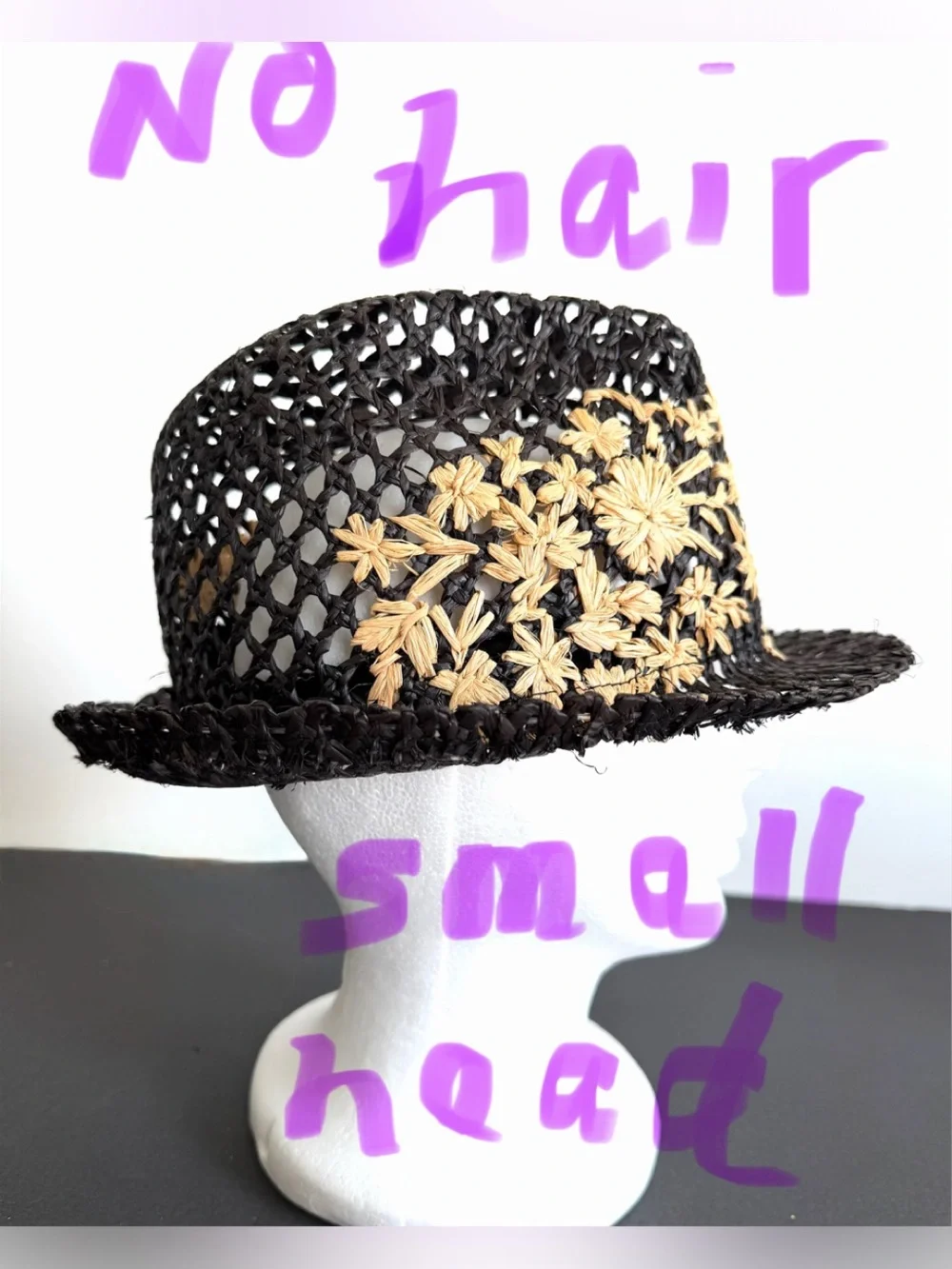 Ralph Lauren Black Woven straw Fedora with Tan Flower Embroidery adjustable Sz M